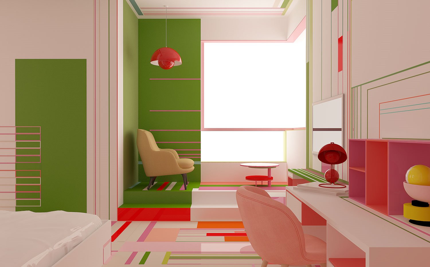 Rincón de estar elevado con dos escalones, con butaca beige, luminaria roja, mesita auxiliar circular 