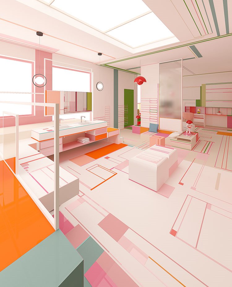 Zona de lavamanos con doble seno, armarios en rosa y naranja, luminarias circulares en los extremos y lucernarios en el techo 