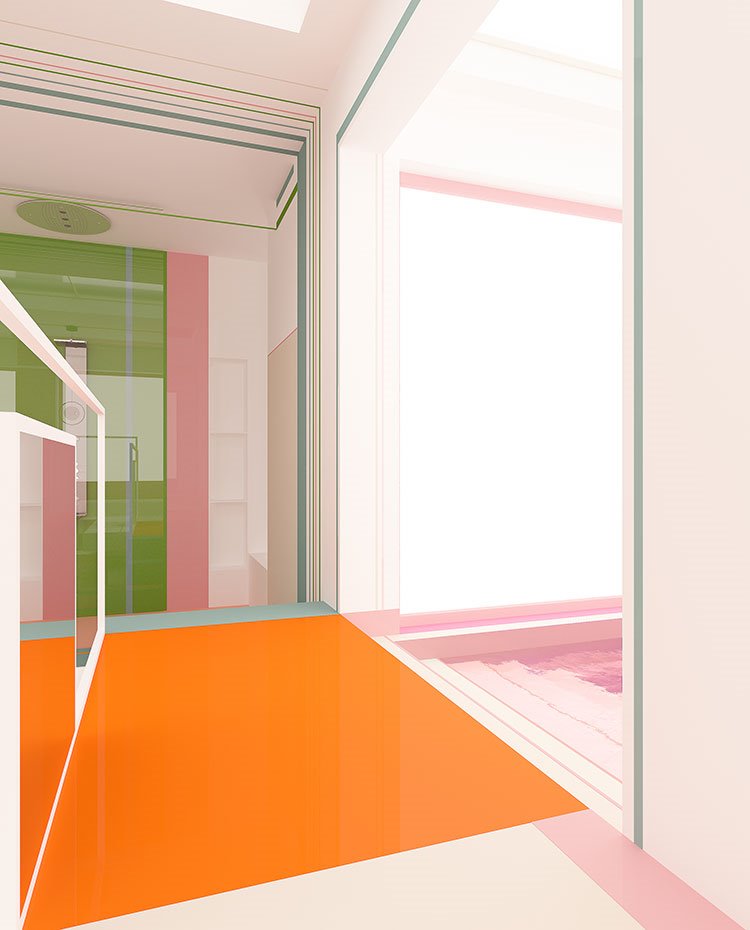 Zona de paso de pasarela hasta dicha y bañera, suelo en naranja 