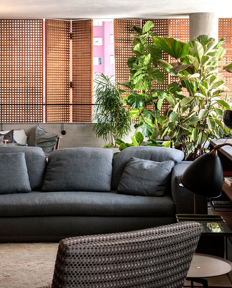 Sofá gris antracita, alfombra cruda, plantas  junto a mueble bajo, biombos madera