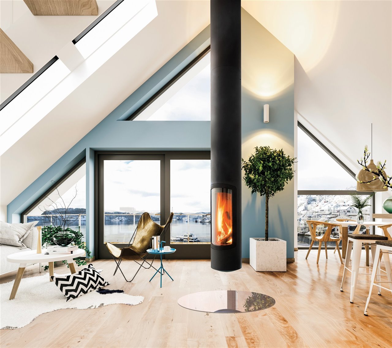 El modelo de chimenea Slimfocus, suspendido, se convierte así en el centro de la estancia.