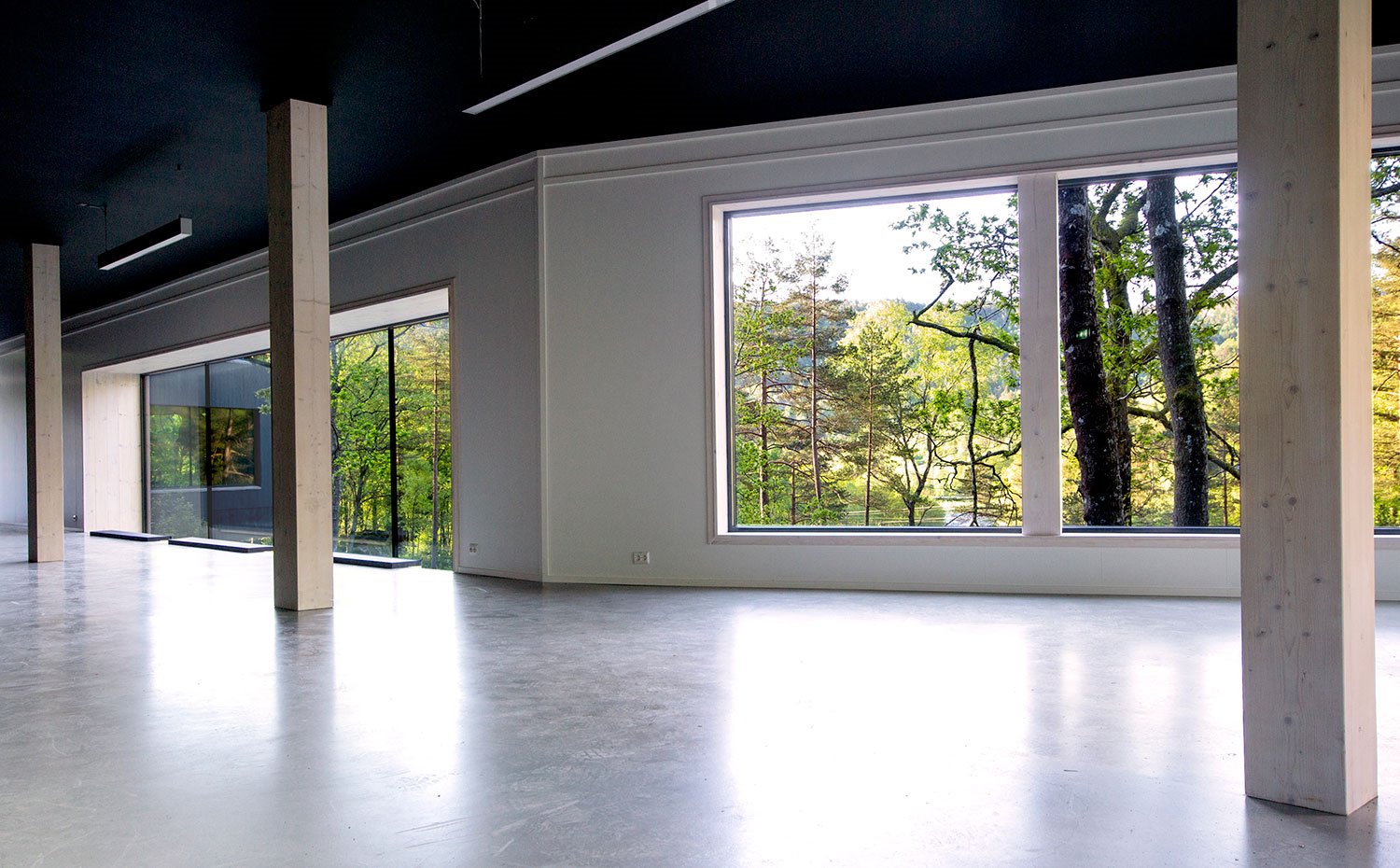 Interior vivienda con columnas revestidas de madera y grandes aperturas en fachada