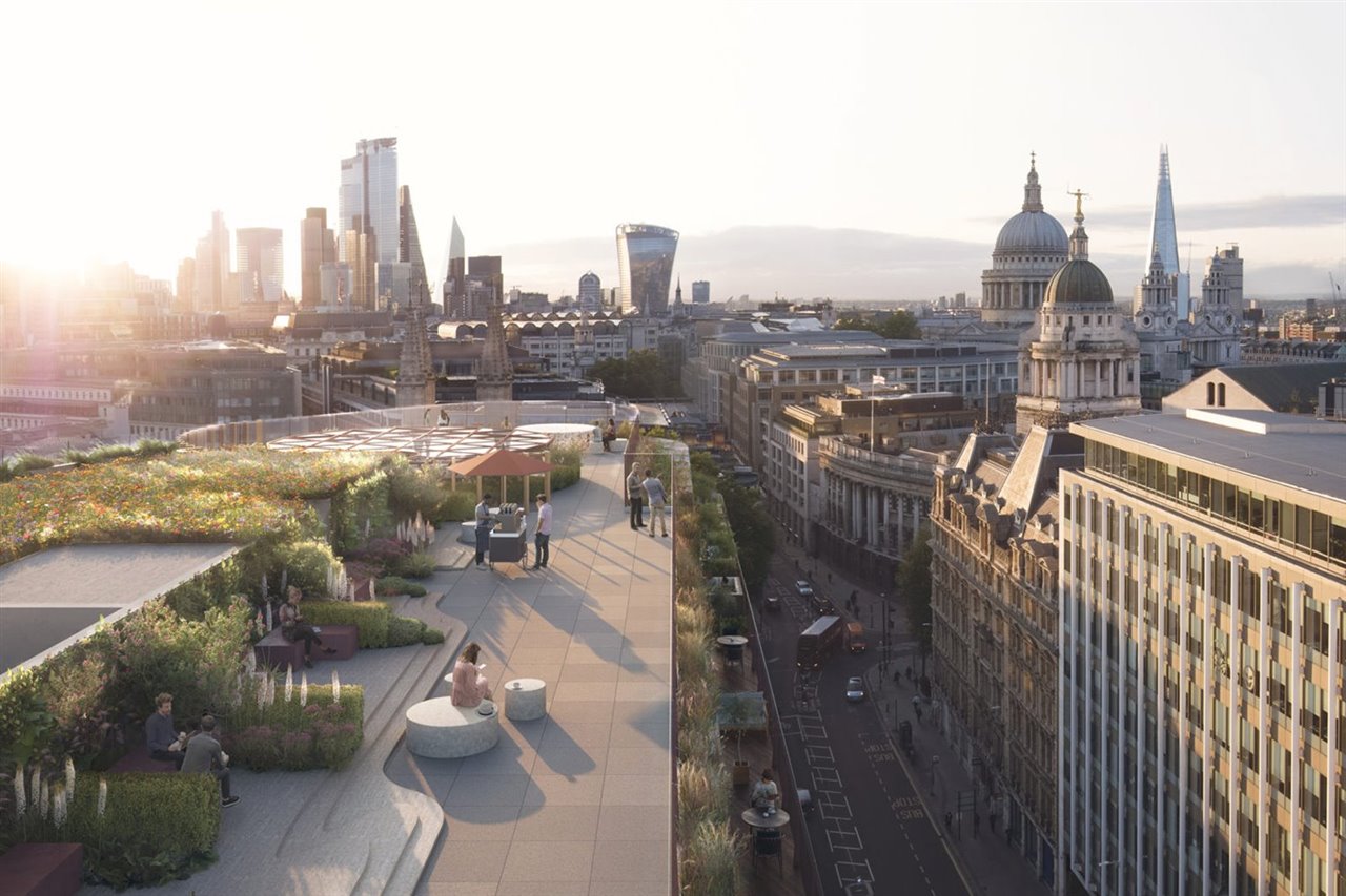La terraza de la décima planta, también vegetalizada, ofrecerá espectaculares vistas de la city de Londres y la catedral de San Pablo.
