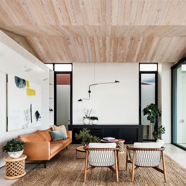 Zona de estar con mueble bajo negro, luminaria negro tipo aplique y jarrones en blanco para vegetación