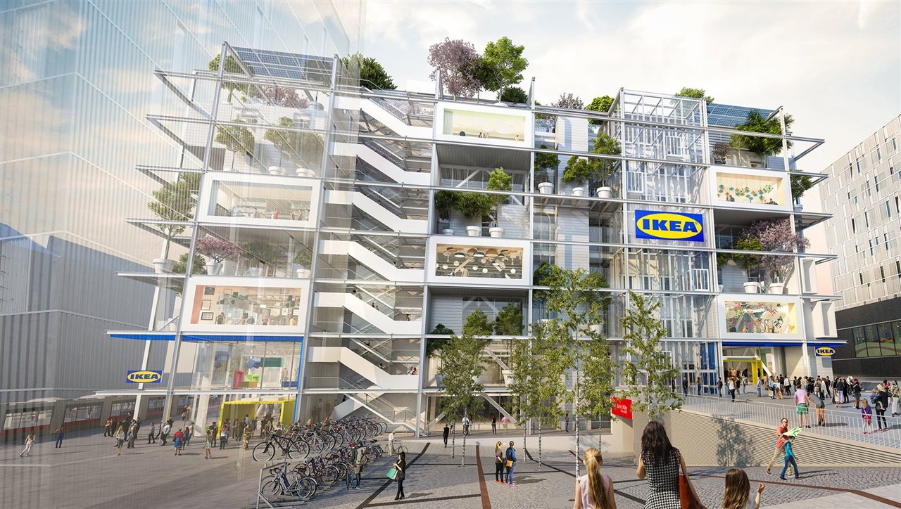 La cara externa del edificio puede recordar la famosa estantería Billy de IKEA: cubos de cuatro metros y medio de lado que rodean el núcleo del edificio, en donde también se situarán ascensores, escaleras de incendio o los aseos públicos.