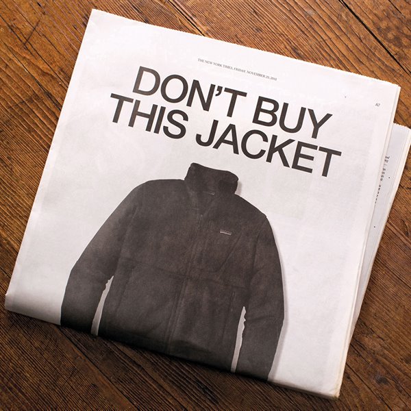 Campaña publicitaria de la firma de moda Patagonia para evitar la compra compulsiva en el Black Friday.