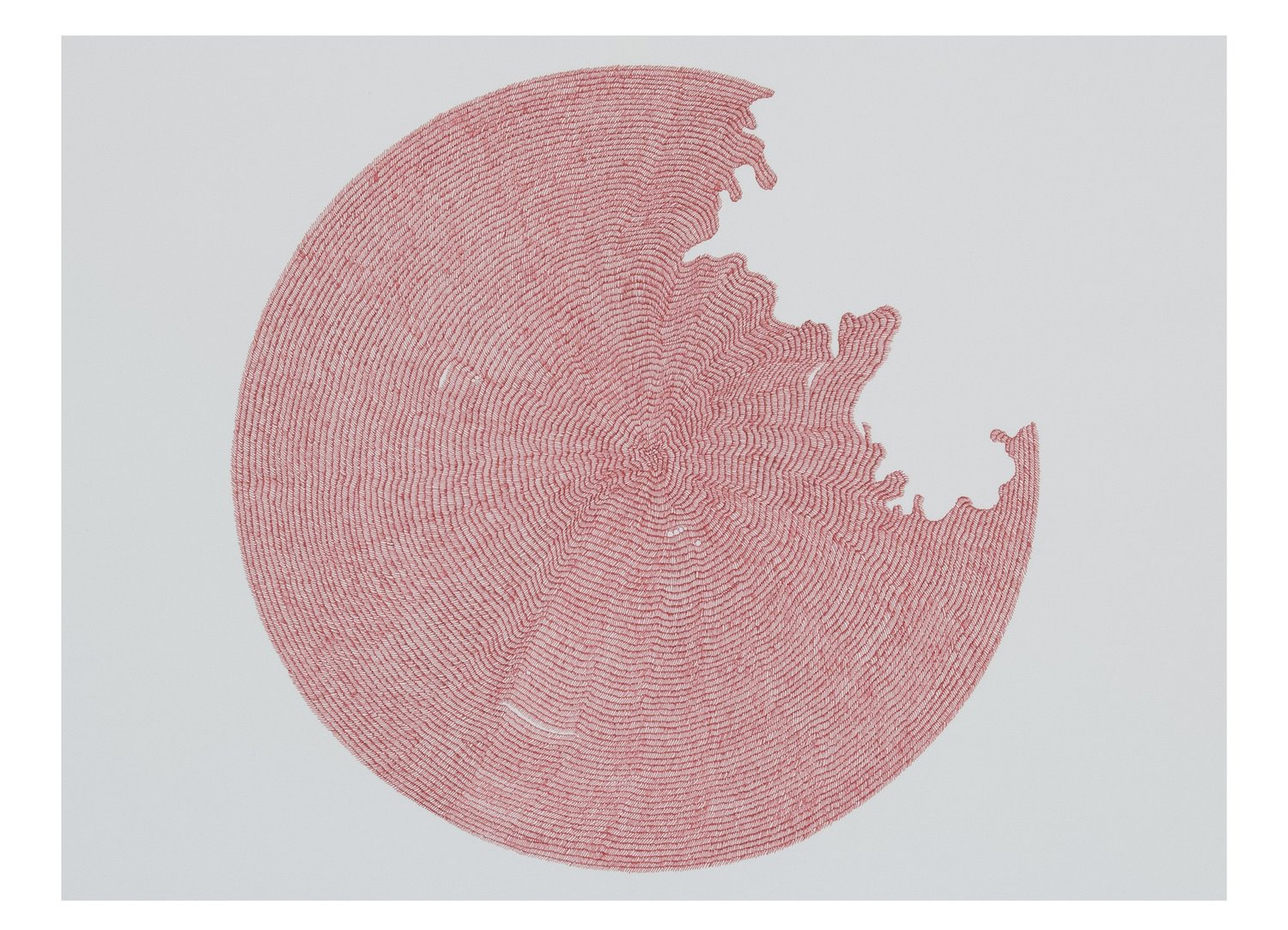 Waqas Khan, Pakistan ‘The Library Has No Letters II’, tinta roja de archivo sobre papel Wasli. 2019