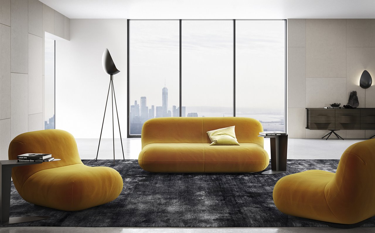 Un sofá, un sillón y tres lámparas (de suelo, techo y pared) integran la nueva colección Chelsea de Karim Rashid para BoConcept