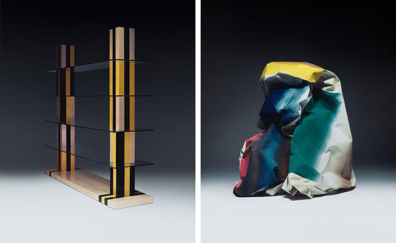 La primera colección de muebles de Jonathan Saunders incluye estanterías de marquetería y textiles serigrafiados.