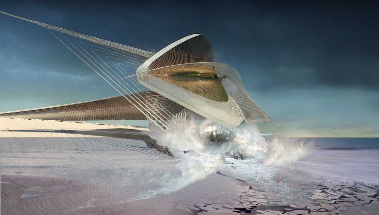 La parte del edificio parcialmente sumergida en el mar Negro está diseñada para su máxima exposición a las olas, para la generación de energía hidroeléctrica.