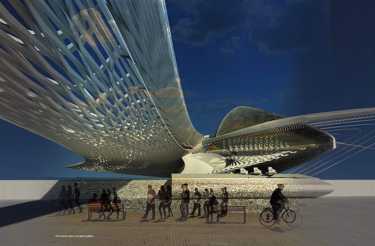 Recreación virtual del proyecto de museo, que sobrevolaría el paseo marítimo de la ciudad rusa de Sochi.