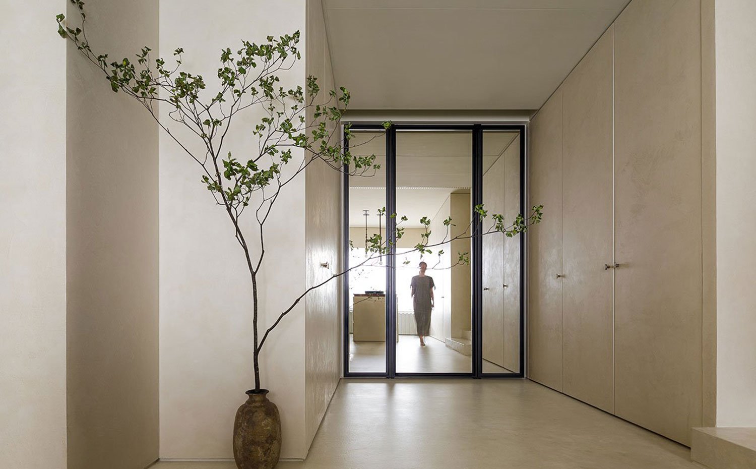 Zona de paso con puerta de perfilería de acero y armarios integrados, jarrón con rama arbol