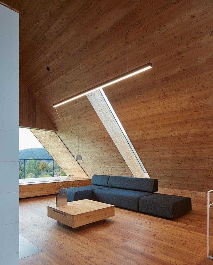 Salón con sofá en gris oscuro, mesa de madera y todo revestido de madera natural. techo inclinado a dos aguas y ventana vertical en apertura al techo