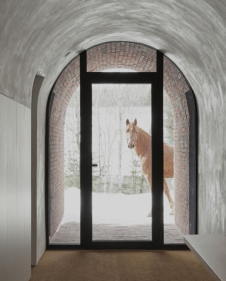 Puerta de acceso arqueiada con perfilería de aluminio y cristal transparente, suelo de madera