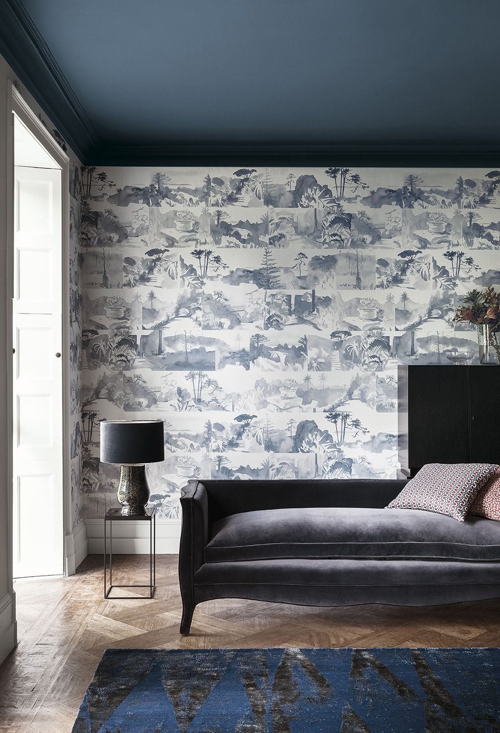 Chaise longue salon gris Toile de Jouy