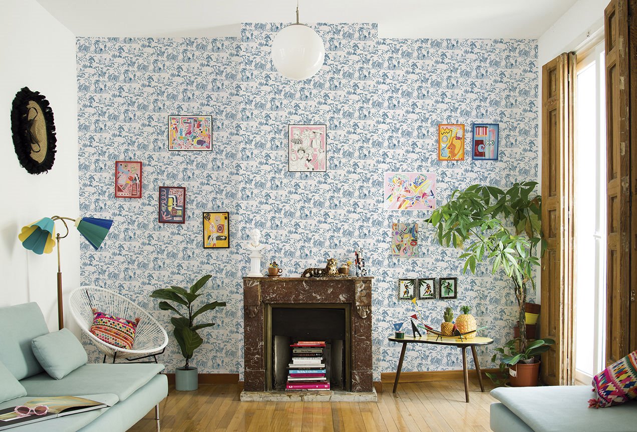 Salon chimenea colorido Toile de Jouy