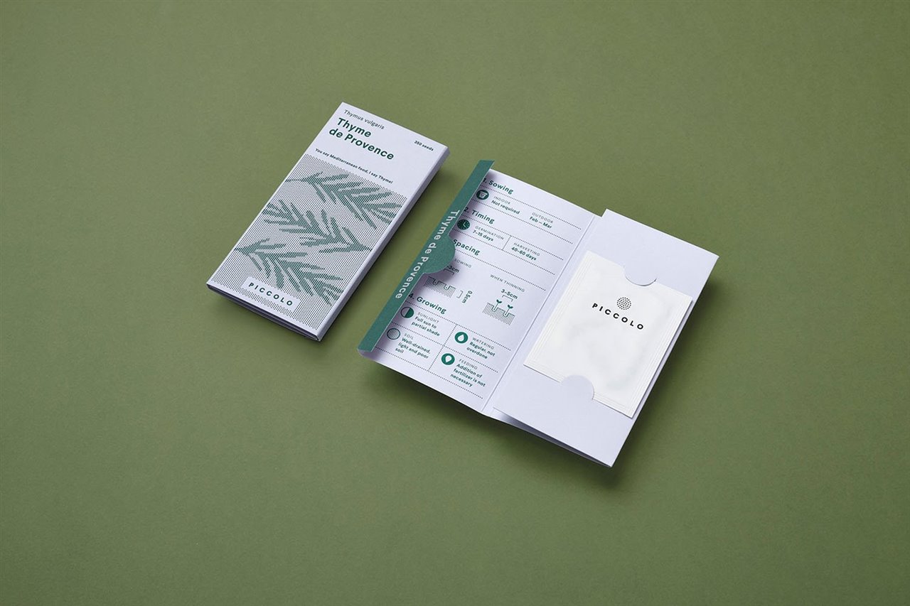 Envases de semillas en forma de libro, diseño de Here Design para Piccolo.