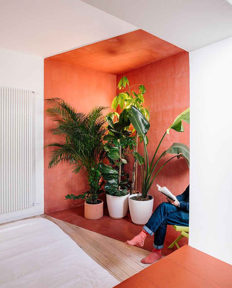 Detalle rincón de dormitorio en tonos teja, con vegetación y espacio para lectura