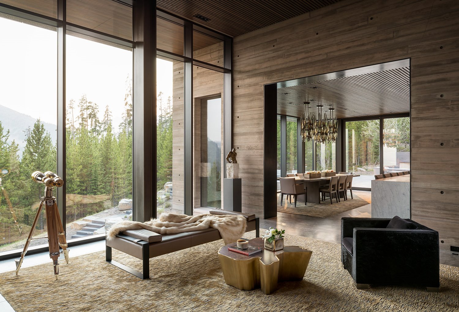 casa moderna en la cordillera Madison de Montana realizada por Stuart Silk Architects salón