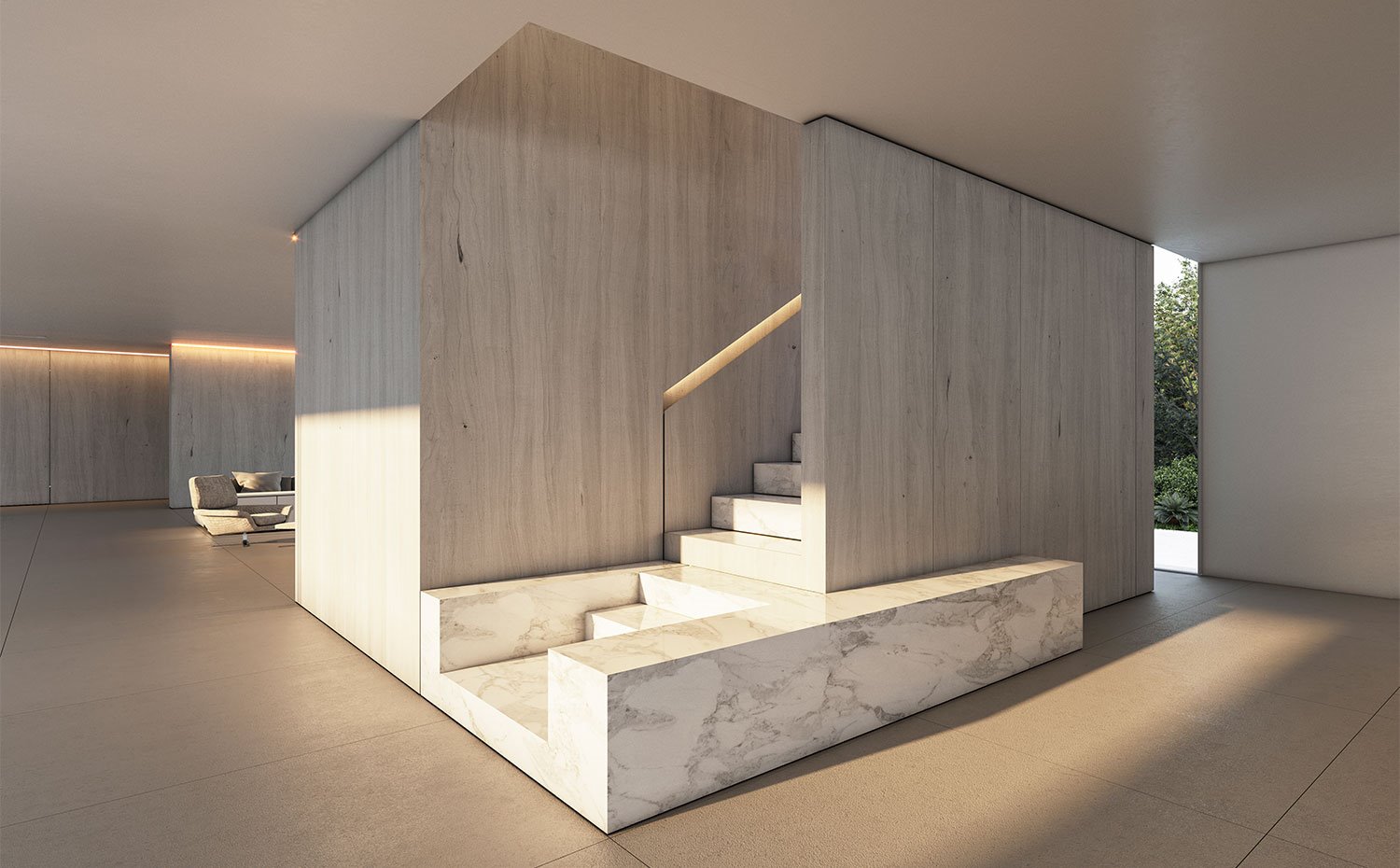Escalera interior de la casa con peldaños de mármol y estructura de madera