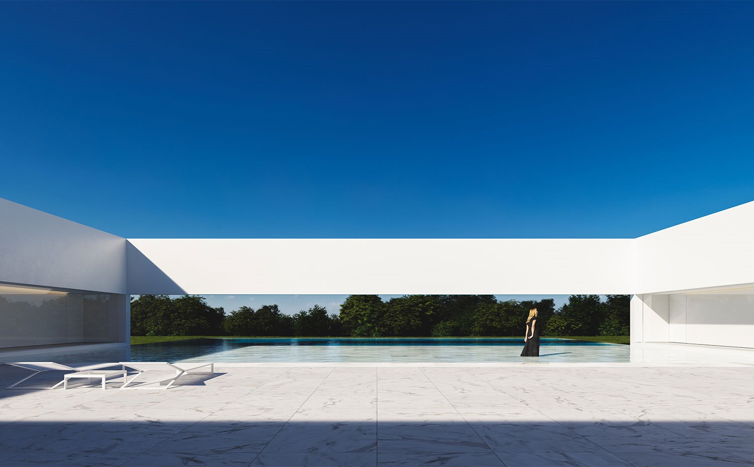 Piscina entorno a la estructura de la vivienda, con vistas al entorno natural