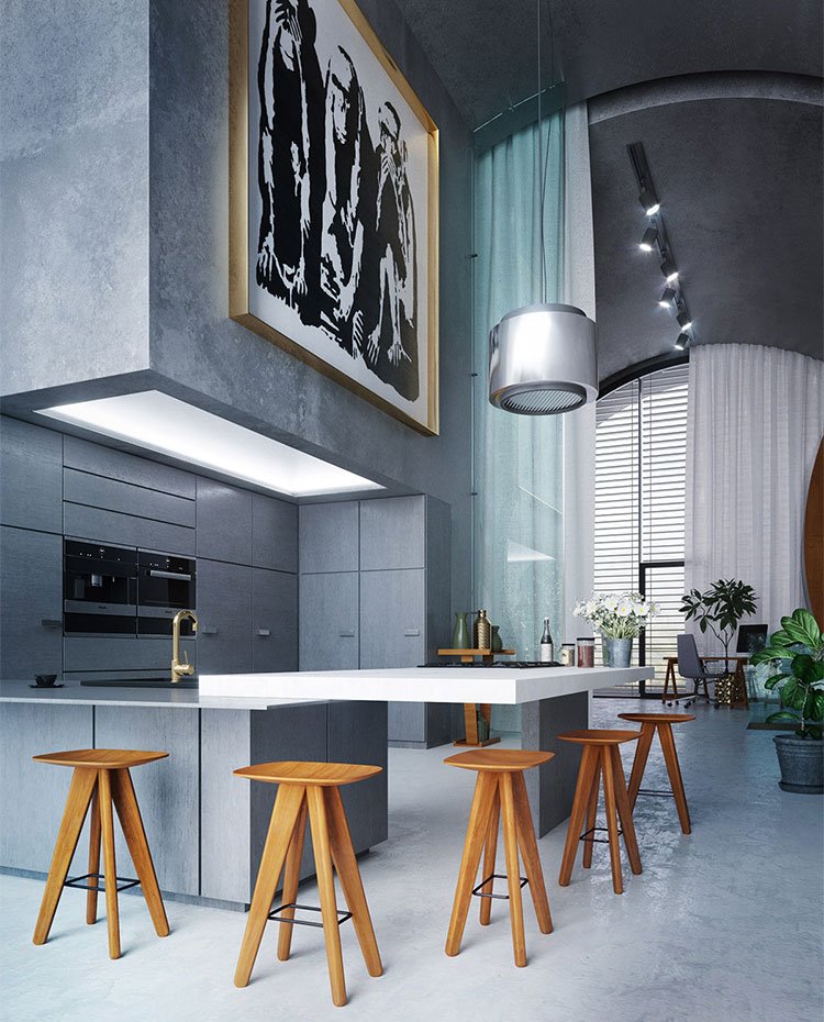 Cocina con zona de office con taburetes de madera 