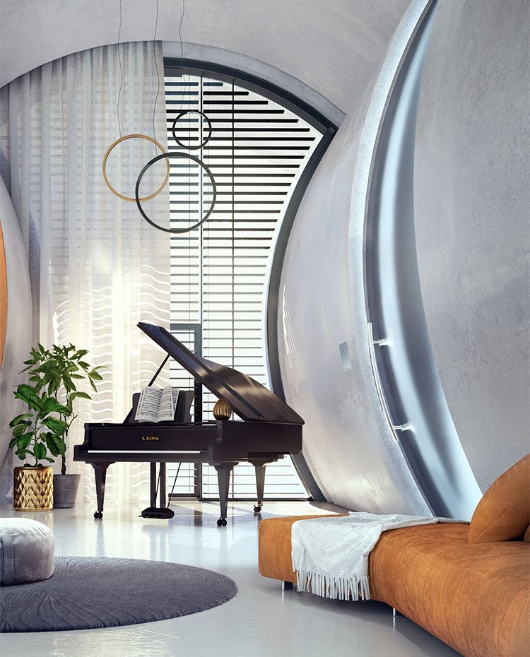 Sala de estar con sofá en naranja y piano al fondo junto a la ventana