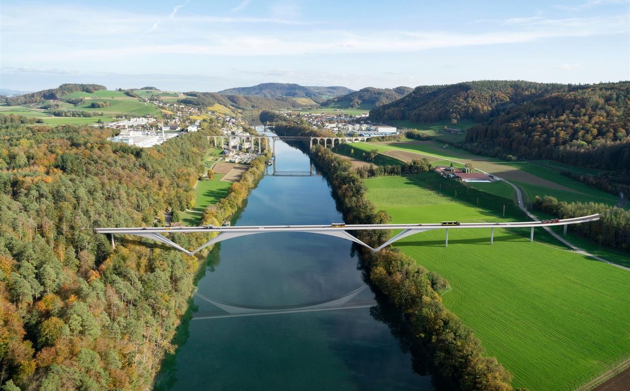 Puente de estructura de acero y hormigón, la solución de Calatrava para el cruce del Rin al oeste de Eglisau.
