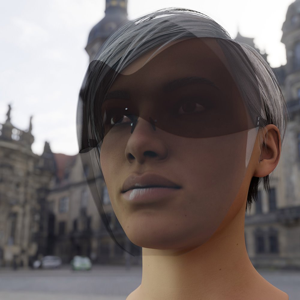 La máscara está formada por una pantalla transparente que se superpone a unas lentes de gran tamaño semejantes a gafas de sol.