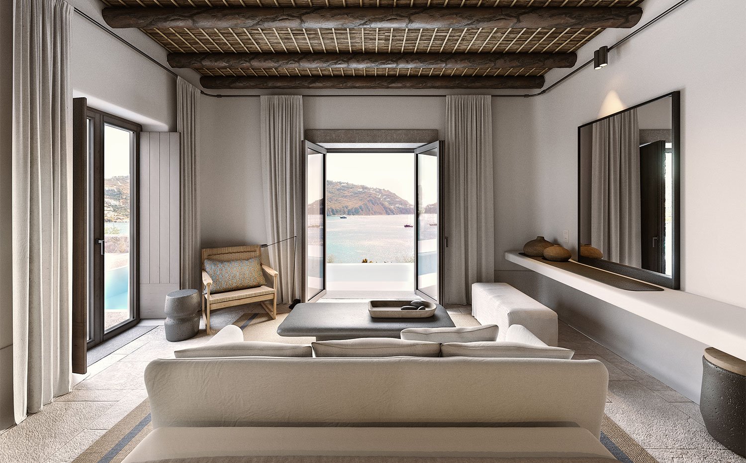 Salón con vistas al mar con sofás en crudo, suelo de piedra, y cubierta de paja y vigas de madera