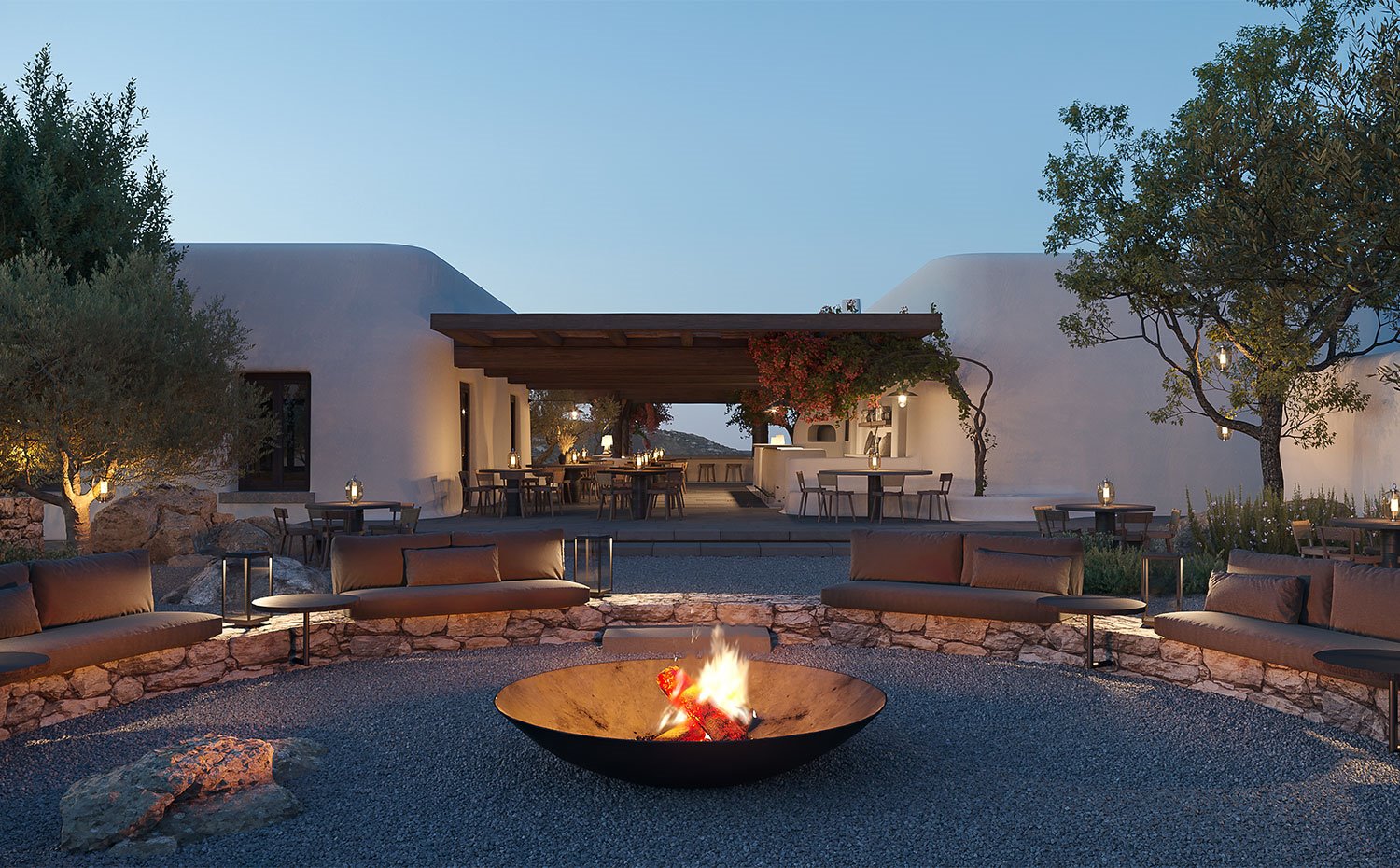 Zona de descanso junto a barbacoa, suelo y bancada de piedras