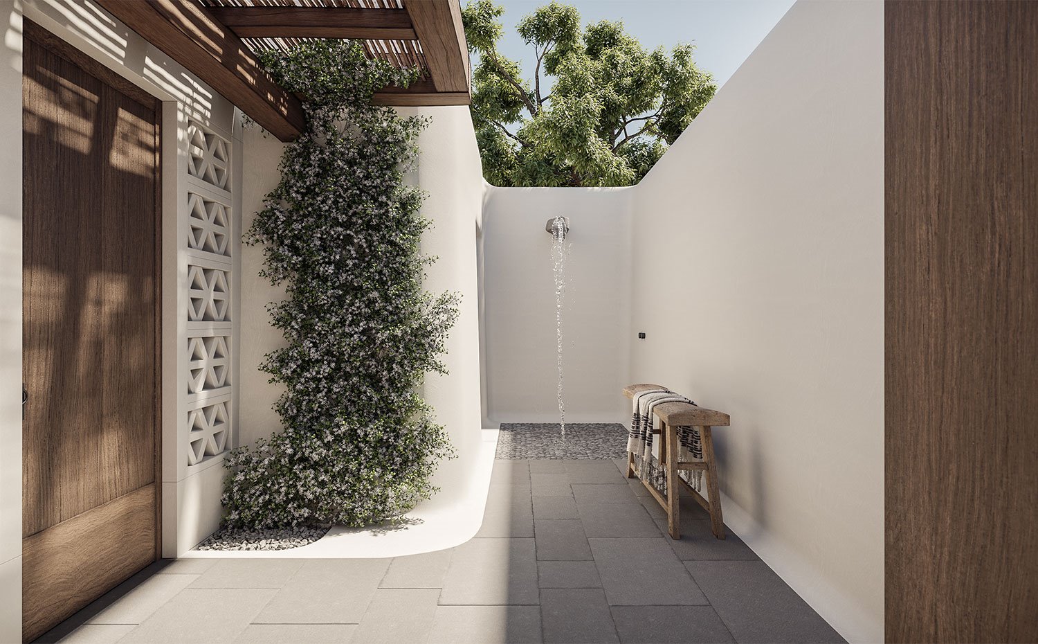 Zona de ducha exterior con estructura encalada con celosía y puerta de madera