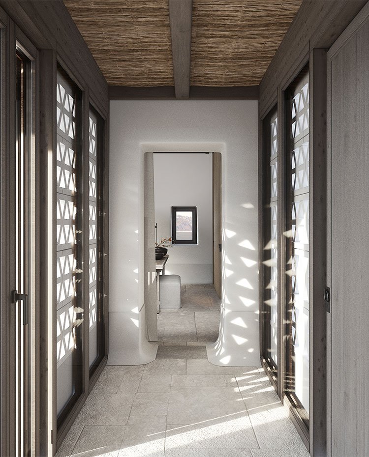 Zona de paso interior con techo de paja y cerramientos con detalle de celosía
