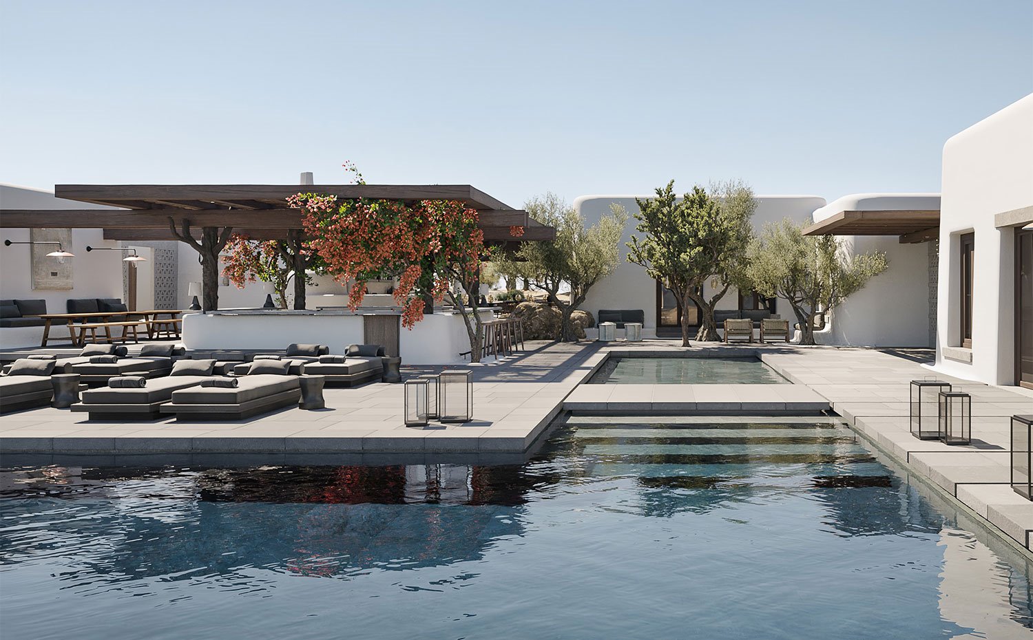 Zona de piscina con escaleras de obra, terraza junto al agua, tubmonas en grist