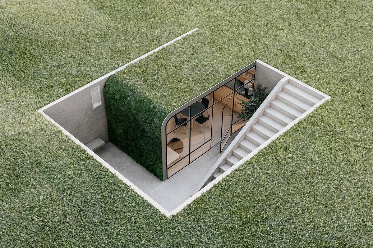 Estúdio Enterrado de Igor Leal cuenta con un techo verde vivo de césped.