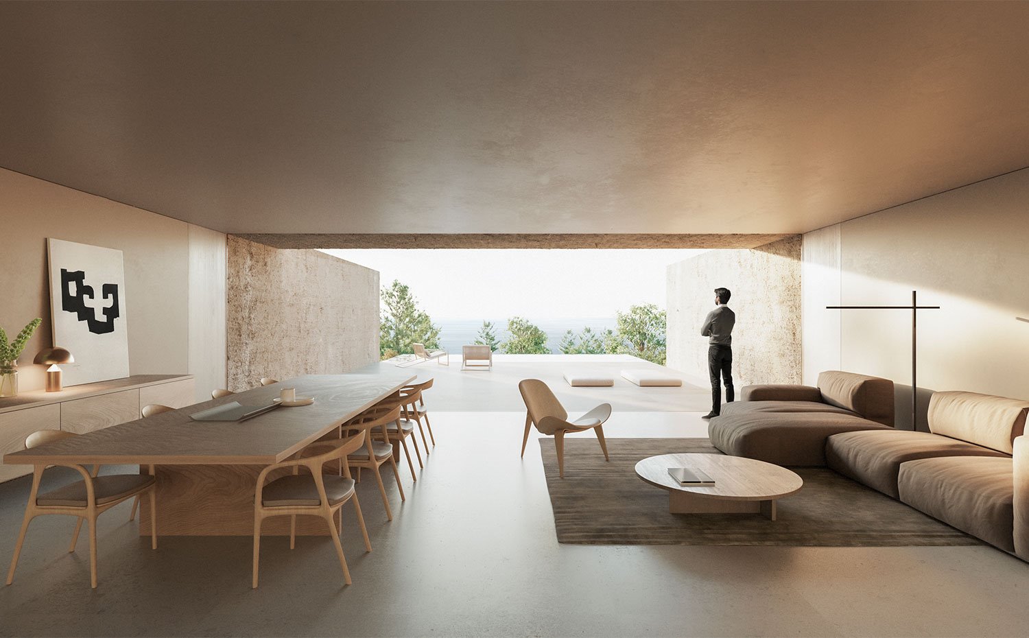Interior de salón y comedor con mobiliario en madera y tonos neutros con gran apertura hacia exterior