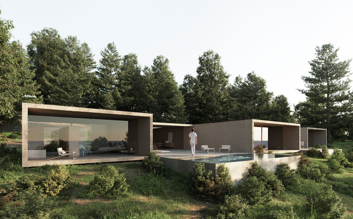 Módulos abiertos con cerramientos de cristal, piscina con terraza