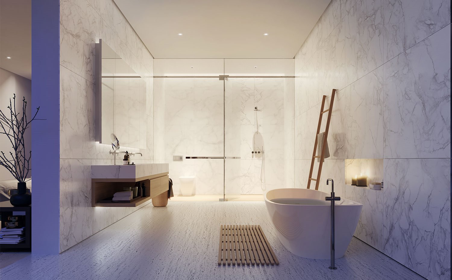 Cuarto-de-baño-con-bañera-exenta,-lavamanos-con-mueble-suspendido-y-ducha-e-inodoro-en-compartimentos-acristalados