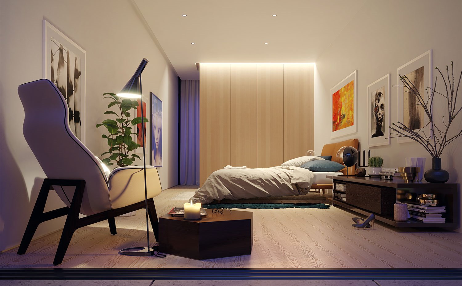 Dormitorio-con-butaca-y-luminaria-de-pie-para-rincón-de-lectura,-armario-con-iluminación-integrada-en-hueco-de-techo