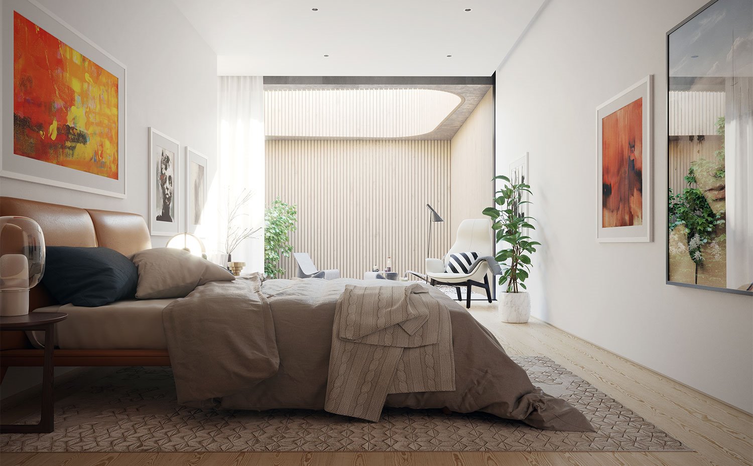 Dormitorio-con-cabecero-de-piel,-amfobra-en-tonos-crudos,-cuadros-de-vivos-colores-y-butaca-tapizada-en-gris