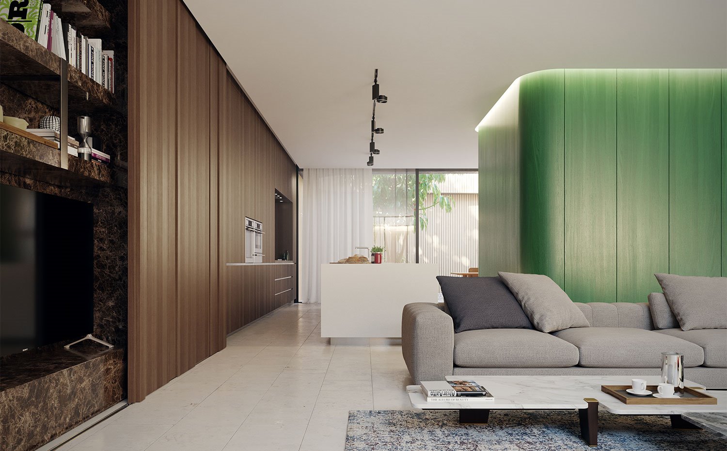 Frente-de-armario-con-equipamiento-oculto-que-se-extiende-hasta-cocina,-estructura-central-acabado-en-verde-