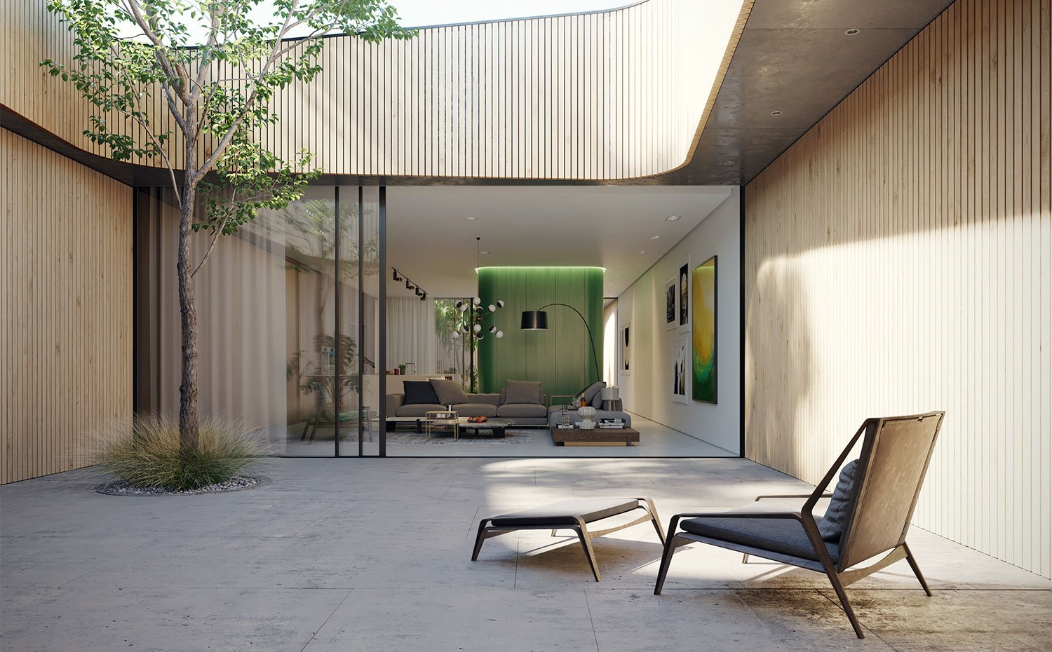Gran-apertura-en-cubierta-de-vivienda,-butaca-y-reposapiés-en-patio-junto-a-árbol-y-salón-al-fondo