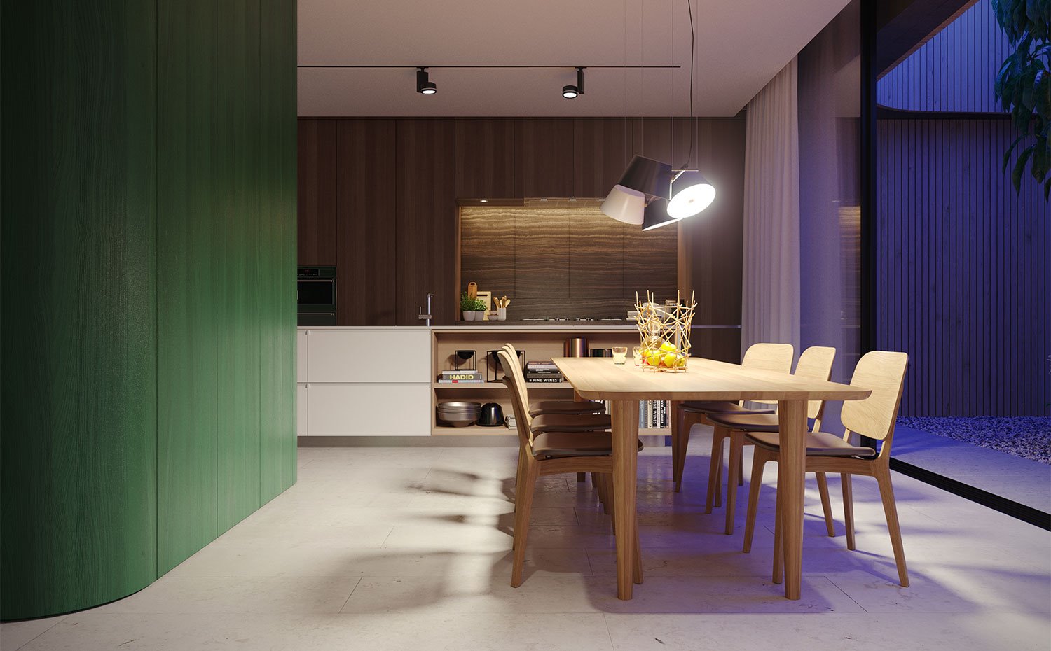 Lateral-de-mesa-de-comedor-junto-a-cocina-con-frentes-en-blanca-y-madera