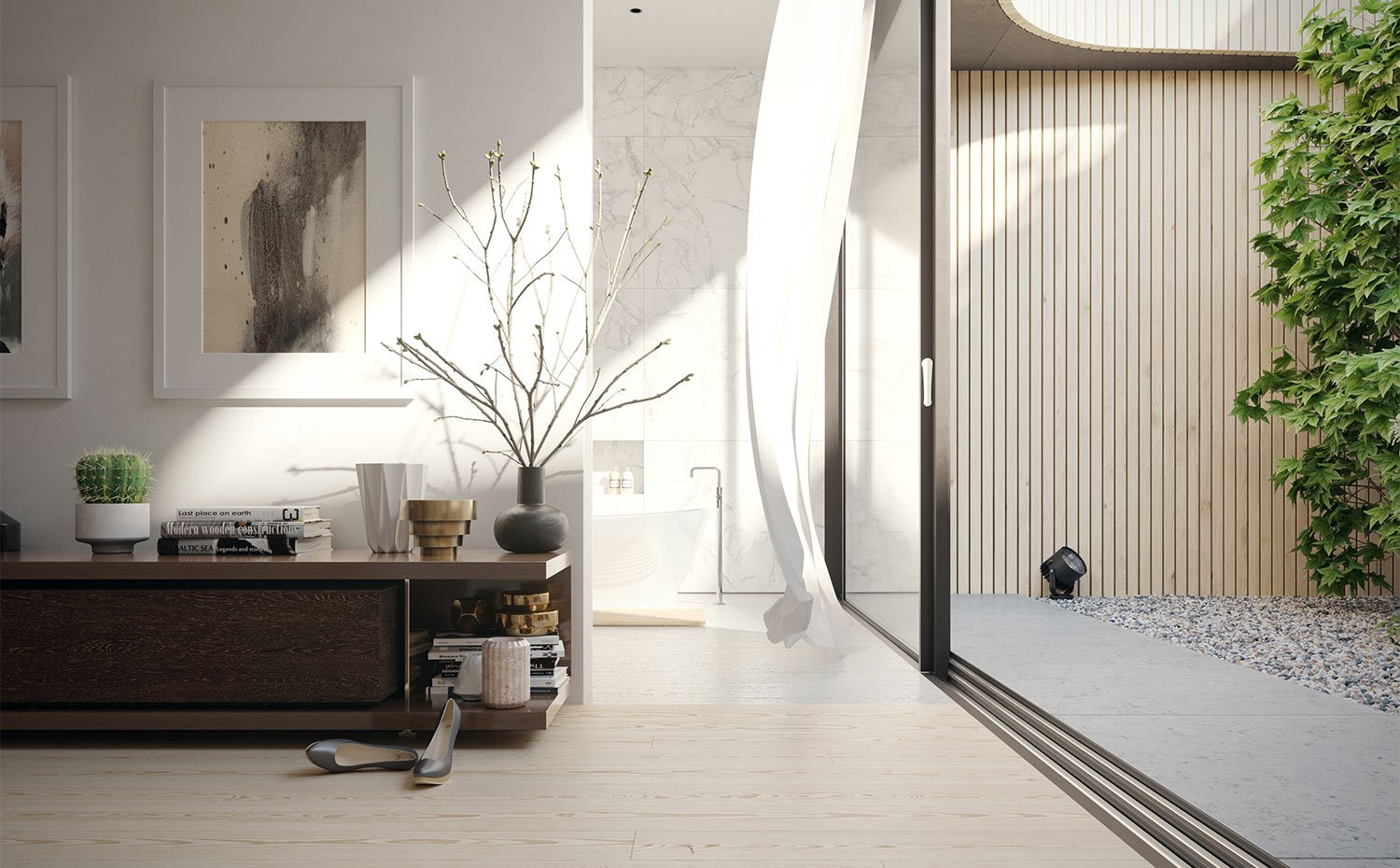 Mueble-bajo-en-dormitorio-en-madera,-gran-apertura-acristalada-corredera-hacia-jardín