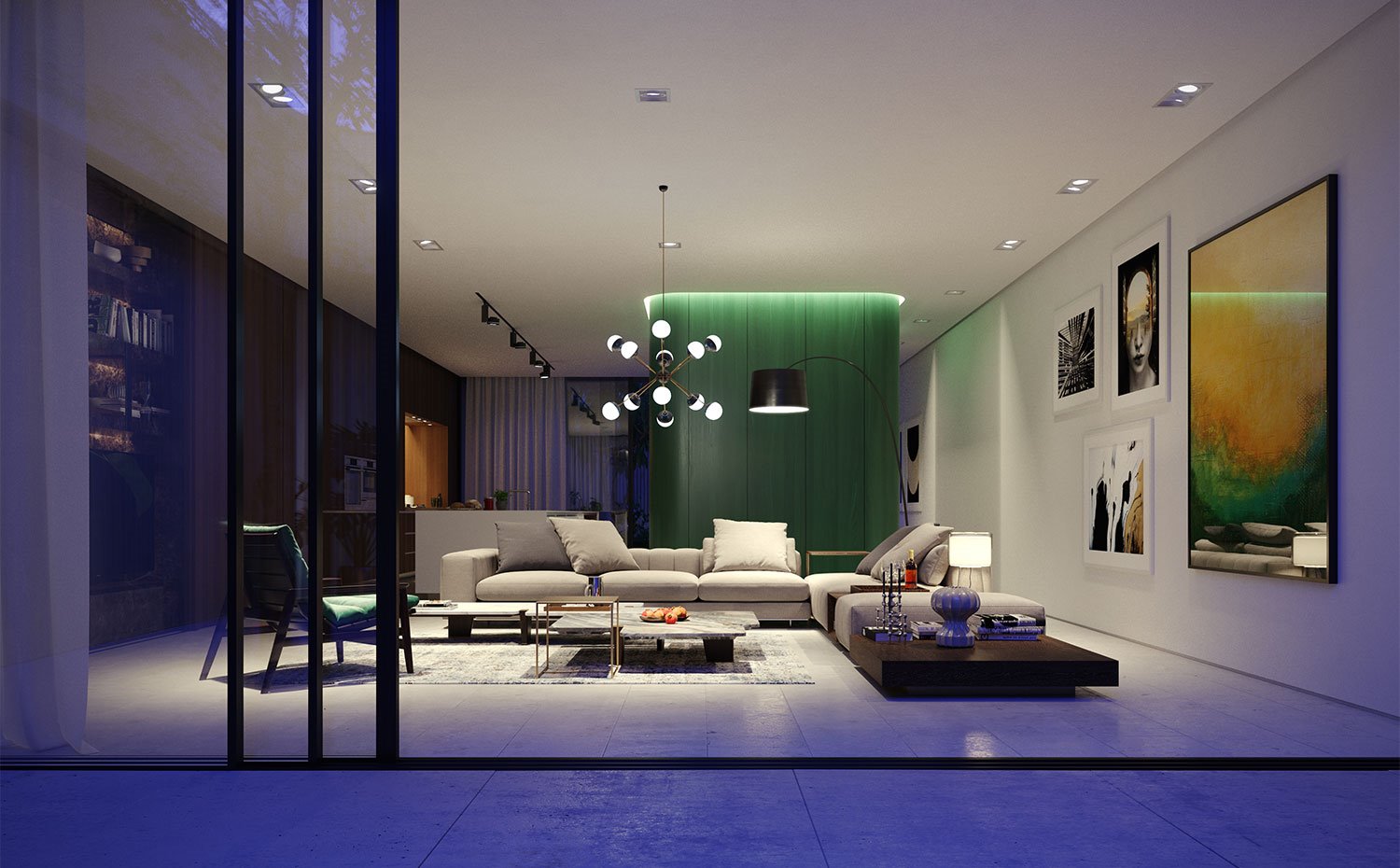 Vista-nocturna-del-salón-con-focos-empotrados-en-techo-y-luces-puntuales
