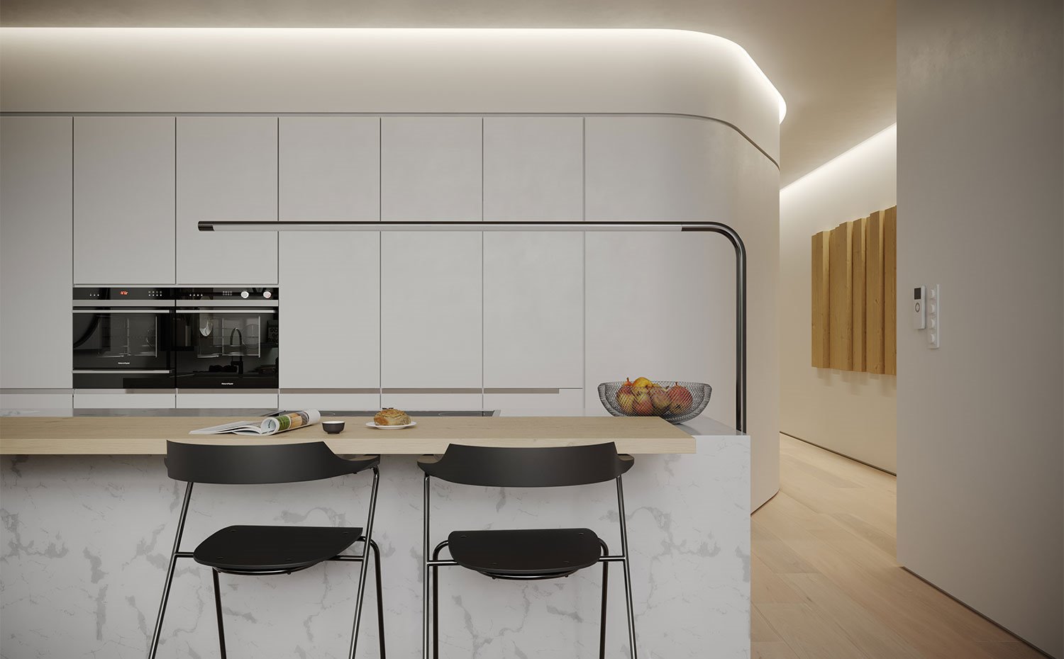 Cocina con taburetes en negro y frente de armarios en negro, encimera de office en madera