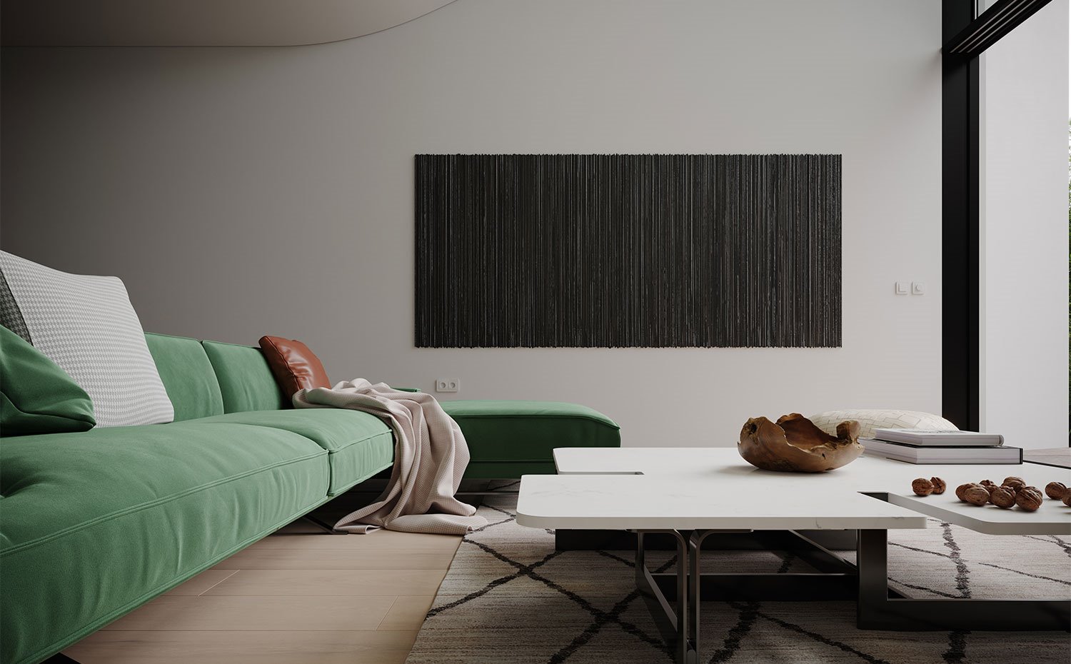 Mesa de centro en blanco, con estructura de metálica, suelo de madera con alfombra en blanco y motivos gráficos negros, sofá en verde