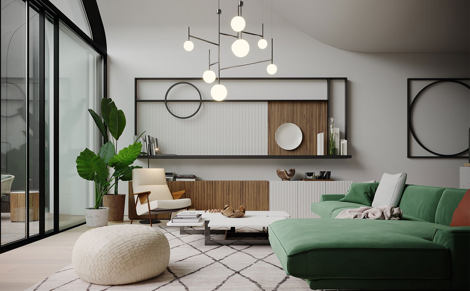 Salón con sofá en verde y butacas y pouf en tonos crudos, mueble en frente de parede en madera, en acabado natural y blanco 