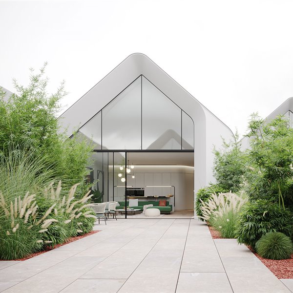 Vista exterior con jardín en patio y apertura hacia salón