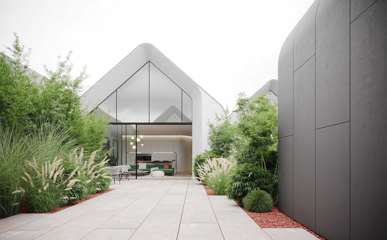 Vista exterior con jardín en patio y apertura hacia salón